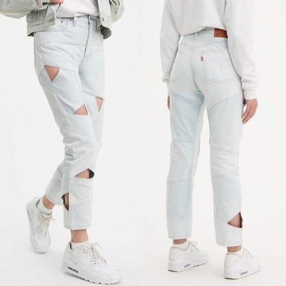 NWT Levis 501 Original Light Blue Wash Cutout Cropped Denim Jeans Size 26 - Picture 10 of 14